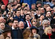 14 March 2025; Racegoers react during The Mrs Paddy Power Mares' Steeple Chase, which was won by Dinoblue, with Mark Walsh up, on day four of the Cheltenham Racing Festival at Prestbury Park in Cheltenham, England. Photo by David Fitzgerald/Sportsfile