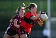 14 March 2025; Brid McMaugh of UCC is tackled by Eabha O'Riordan of UG during the 2025 Ladies AIG HEC O'Connor Cup semi-final match between University College Cork and University of Galway at Queen's Sport, Queens University, Belfast. Photo by Shauna Clinton/Sportsfile