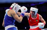 14 March 2025; Aoife O’Rourke of Ireland, right, in action against Nikolina Gajic of Serbia in their 70-75kg Elite Women middleweight semi-final bout during the 2025 IBA Women's World Boxing Championships quarter-finals at the Cair Sports Center in Niš, Serbia. Photo by Nikola Krstic/Sportsfile