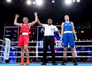 14 March 2025; Aoife O’Rourke of Ireland, left, is declared victorious over Nikolina Gajic of Serbia in their 70-75kg Elite Women middleweight semi-final bout during the 2025 IBA Women's World Boxing Championships quarter-finals at the Cair Sports Center in Niš, Serbia. Photo by Nikola Krstic/Sportsfile