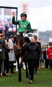 14 March 2025; Jockey Paul Townend, aboard Jasmin De Vaux, celebrates after winning The Albert Bartlett  Novices’ Hurdle Race on day four of the Cheltenham Racing Festival at Prestbury Park in Cheltenham, England. Photo by Harry Murphy/Sportsfile