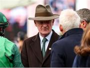 14 March 2025; Trainer Willie Mullins, centre, in conversation with part-owner Anthony Bromley, right, and jockey Paul Townend after winning The Albert Bartlett  Novices’ Hurdle Race with Jasmin De Vaux on day four of the Cheltenham Racing Festival at Prestbury Park in Cheltenham, England. Photo by Harry Murphy/Sportsfile