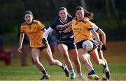 14 March 2025; Leah Fox of DCU DÉ has a shot on goal during the 2025 Ladies AIG HEC O'Connor Cup semi-final match between DCU Dóchas Éireann and UU Belfast at Queen's Sport, Queens University, Belfast. Photo by Shauna Clinton/Sportsfile
