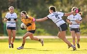 14 March 2025; Ciara Durkan of DCU DÉ is tackled by Sarah O'Neill of UU Belfast during the 2025 Ladies AIG HEC O'Connor Cup semi-final match between DCU Dóchas Éireann and UU Belfast at Queen's Sport, Queens University, Belfast. Photo by Shauna Clinton/Sportsfile