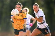 14 March 2025; Kerri Owens of DCU DÉ makes a pass during the 2025 Ladies AIG HEC O'Connor Cup semi-final match between DCU Dóchas Éireann and UU Belfast at Queen's Sport, Queens University, Belfast. Photo by Shauna Clinton/Sportsfile