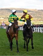 14 March 2025; Jockey Mark Walsh, aboard Inothewayurthinkin, left, is congratulated by jockey Paul Townend, aboard Galopin Des Champs, after winning the Boodles Cheltenham Gold Cup Steeple Chase on day four of the Cheltenham Racing Festival at Prestbury Park in Cheltenham, England. Photo by David Fitzgerald/Sportsfile