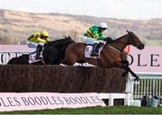 14 March 2025; Inothewayurthinkin, with Mark Walsh up, jumps the last ahead of eventual second place Galopin Des Champs, with Paul Townend up, on their way to winning Boodles Cheltenham Gold Cup Steeple Chase on day four of the Cheltenham Racing Festival at Prestbury Park in Cheltenham, England. Photo by Harry Murphy/Sportsfile