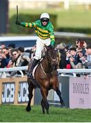 14 March 2025; Jockey Mark Walsh celebrates aboard Inothewayurthinkin on their way to winning the Boodles Cheltenham Gold Cup Steeple Chase on day four of the Cheltenham Racing Festival at Prestbury Park in Cheltenham, England. Photo by David Fitzgerald/Sportsfile