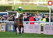14 March 2025; Jockey Mark Walsh celebrates aboard Inothewayurthinkin on their way to winning the Boodles Cheltenham Gold Cup Steeple Chase on day four of the Cheltenham Racing Festival at Prestbury Park in Cheltenham, England. Photo by David Fitzgerald/Sportsfile