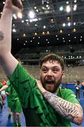 14 March 2025; Gavin Bourke of Team Ireland, a member of Mallow Special Olympics Club, Doneraile, Cork, celebrates after the Bronze place play off, in Floorball, between Special Olympics Ireland and Special Olympics Switzerland during day six of the Turin 2025 Special Olympics World Winter Games in the Inalpi Arena, Turin, Italy. Photo by Ray McManus/Sportsfile