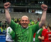 14 March 2025; Damien Kirwan of Team Ireland, a member of Waterford Special Olympics Club, Waterford City, celebrates after the Bronze place play off, in Floorball, between Special Olympics Ireland and Special Olympics Switzerland during day six of the Turin 2025 Special Olympics World Winter Games in the Inalpi Arena, Turin, Italy. Photo by Ray McManus/Sportsfile