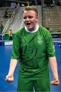 14 March 2025; Joseph 'Joe-Joe' Sheehan of Team Ireland, a member of Mallow Special Olympics Club, Doneraile, Cork, celebrates after the Bronze place play off, in Floorball, between Special Olympics Ireland and Special Olympics Switzerland during day six of the Turin 2025 Special Olympics World Winter Games in the Inalpi Arena, Turin, Italy. Photo by Ray McManus/Sportsfile