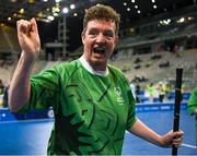 14 March 2025; Frank O'Dwyer of Team Ireland, a member of Tipperary Special Olympics Club, Ballylandis, Limerick celebrates after the Bronze place play off, in Floorball, between Special Olympics Ireland and Special Olympics Switzerland during day six of the Turin 2025 Special Olympics World Winter Games in the Inalpi Arena, Turin, Italy. Photo by Ray McManus/Sportsfile