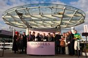 14 March 2025; Princess Anne, Princess Royal, presents to the winning connections of Inothewayurthinkin, including owner JP McManus, trainer Gavin Cromwell and jockey Mark Walsh after winning the Boodles Cheltenham Gold Cup Steeple Chase on day four of the Cheltenham Racing Festival at Prestbury Park in Cheltenham, England. Photo by Harry Murphy/Sportsfile