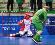 14 March 2025; Niall Corcoran of Team Ireland, a member of Waterford Special Olympics Club, Ballinahassig, Cork, sees his shot go over the bar during the Bronze place play off, in Floorball, between Special Olympics Ireland and Special Olympics Switzerland during day six of the Turin 2025 Special Olympics World Winter Games in the Inalpi Arena, Turin, Italy. Photo by Ray McManus/Sportsfile
