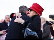 14 March 2025; Noreen McManus, wife of winning owner JP McManus, celebrates with trainer Gavin Cromwell after winning the Boodles Cheltenham Gold Cup Steeple Chase with Inothewayurthinkin on day four of the Cheltenham Racing Festival at Prestbury Park in Cheltenham, England. Photo by Harry Murphy/Sportsfile
