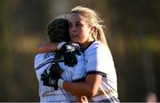 14 March 2025; Laura Kavanagh of UU Belfast, right, hugs team-mate Maeve Ferguson after their side's defeat in the 2025 Ladies AIG HEC O'Connor Cup semi-final match between DCU Dóchas Éireann and UU Belfast at Queen's Sport, Queens University, Belfast. Photo by Shauna Clinton/Sportsfile