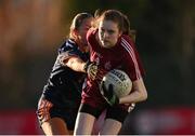 14 March 2025; Ella O'Donohue of Marino is tackled by Neasa Daly of ATU Galway during the 2025 Ladies AIG Hec Donaghy Cup final match between ATU Galway and Marino at Queen's Sport, Queens University, Belfast. Photo by Shauna Clinton/Sportsfile