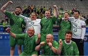 14 March 2025; Team Ireland players celebrate ofther winning the Bronze place play off, in Floorball, between Special Olympics Ireland and Special Olympics Switzerland during day six of the Turin 2025 Special Olympics World Winter Games in the Inalpi Arena, Turin, Italy. Photo by Ray McManus/Sportsfile