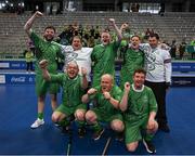 14 March 2025; Team Ireland players celebrate ofther winning the Bronze place play off, in Floorball, between Special Olympics Ireland and Special Olympics Switzerland during day six of the Turin 2025 Special Olympics World Winter Games in the Inalpi Arena, Turin, Italy. Photo by Ray McManus/Sportsfile