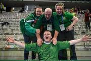 14 March 2025; Sister Shantella, Mairéad Sheehan and Joseph Lee, celebrates with their son Joseph 'Joe-Joe' Sheehan of Team Ireland, a member of Mallow Special Olympics Club, Doneraile, Cork after the Bronze place play off, in Floorball, between Special Olympics Ireland and Special Olympics Switzerland during day six of the Turin 2025 Special Olympics World Winter Games in the Inalpi Arena, Turin, Italy. Photo by Ray McManus/Sportsfile