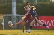 14 March 2025; Caoimhe McGlynn of Marino in action against Saoirse Delaney of ATU Galway during the 2025 Ladies AIG Hec Donaghy Cup final match between ATU Galway and Marino at Queen's Sport, Queens University, Belfast. Photo by Shauna Clinton/Sportsfile