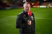 14 March 2025; Bohemians manager Alan Reynolds speaks to Virgin Media Sport before the SSE Airtricity Men's Premier Division match between St Patrick's Athletic and Bohemians at Richmond Park in Dublin. Photo by Stephen McCarthy/Sportsfile
