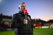 14 March 2025; Bohemians manager Alan Reynolds speaks to Virgin Media Sport before the SSE Airtricity Men's Premier Division match between St Patrick's Athletic and Bohemians at Richmond Park in Dublin. Photo by Stephen McCarthy/Sportsfile