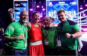 14 March 2025; Lisa O’Rourke of Ireland, celebrates with coaches, from left, Damian Kennedy, Zaur Antia and Eoin Pluck after her victory over Natalya Bogdanova of Kazakhstan in their Elite Women 66-70kg light middleweight semi-final bout during the 2025 IBA Women's World Boxing Championships quarter-finals at the Cair Sports Center in Niš, Serbia. Photo by Nikola Krstic/Sportsfile