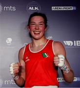 14 March 2025; Lisa O’Rourke of Ireland, celebrates after her victory over Natalya Bogdanova of Kazakhstan in their Elite Women 66-70kg light middleweight semi-final bout during the 2025 IBA Women's World Boxing Championships quarter-finals at the Cair Sports Center in Niš, Serbia. Photo by Nikola Krstic/Sportsfile