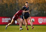 14 March 2025; Ciara Nyland of ATU Galway in action against Jessica Harney of Marino during the 2025 Ladies AIG Hec Donaghy Cup final match between ATU Galway and Marino at Queen's Sport, Queens University, Belfast. Photo by Shauna Clinton/Sportsfile