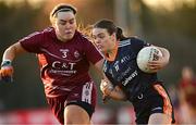 14 March 2025; Milly Sheridan of ATU Galway in action against Ellen Griffin of Marino during the 2025 Ladies AIG Hec Donaghy Cup final match between ATU Galway and Marino at Queen's Sport, Queens University, Belfast. Photo by Shauna Clinton/Sportsfile