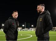 14 March 2025; Dundalk assistant manager Ken Kiernan, left, and manager Ciarán Kilduff before the SSE Airtricity Men's First Division match between Bray Wanderers and Dundalk at Carlisle Grounds in Bray, Wicklow. Photo by Thomas Flinkow/Sportsfile