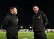 14 March 2025; Dundalk assistant manager Ken Kiernan, left, and manager Ciarán Kilduff before the SSE Airtricity Men's First Division match between Bray Wanderers and Dundalk at Carlisle Grounds in Bray, Wicklow. Photo by Thomas Flinkow/Sportsfile