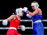 14 March 2025; Lisa O’Rourke of Ireland, left, in action against Natalya Bogdanova of Kazakhstan in their Elite Women 66-70kg light middleweight semi-final bout during the 2025 IBA Women's World Boxing Championships quarter-finals at the Cair Sports Center in Niš, Serbia. Photo by Nikola Krstic/Sportsfile