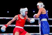 14 March 2025; Lisa O’Rourke of Ireland, left, in action against Natalya Bogdanova of Kazakhstan in their Elite Women 66-70kg light middleweight semi-final bout during the 2025 IBA Women's World Boxing Championships quarter-finals at the Cair Sports Center in Niš, Serbia. Photo by Nikola Krstic/Sportsfile