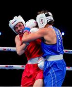 14 March 2025; Lisa O’Rourke of Ireland, left, in action against Natalya Bogdanova of Kazakhstan in their Elite Women 66-70kg light middleweight semi-final bout during the 2025 IBA Women's World Boxing Championships quarter-finals at the Cair Sports Center in Niš, Serbia. Photo by Nikola Krstic/Sportsfile