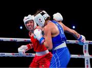 14 March 2025; Lisa O’Rourke of Ireland, left, in action against Natalya Bogdanova of Kazakhstan in their Elite Women 66-70kg light middleweight semi-final bout during the 2025 IBA Women's World Boxing Championships quarter-finals at the Cair Sports Center in Niš, Serbia. Photo by Nikola Krstic/Sportsfile