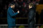 14 March 2025;  Cork City manager Tim Clancy, left, and Shelbourne manager Damien Duff in conversation before the SSE Airtricity Men's Premier Division match between Shelbourne and Cork City at Tolka Park in Dublin. Photo by Sam Barnes/Sportsfile