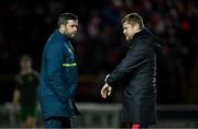 14 March 2025;  Cork City manager Tim Clancy, left, and Shelbourne manager Damien Duff in conversation before the SSE Airtricity Men's Premier Division match between Shelbourne and Cork City at Tolka Park in Dublin. Photo by Sam Barnes/Sportsfile