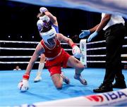 14 March 2025; Lisa O’Rourke of Ireland, left, in action against Natalya Bogdanova of Kazakhstan in their Elite Women 66-70kg light middleweight semi-final bout during the 2025 IBA Women's World Boxing Championships quarter-finals at the Cair Sports Center in Niš, Serbia. Photo by Nikola Krstic/Sportsfile