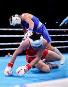 14 March 2025; Lisa O’Rourke of Ireland, left, in action against Natalya Bogdanova of Kazakhstan in their Elite Women 66-70kg light middleweight semi-final bout during the 2025 IBA Women's World Boxing Championships quarter-finals at the Cair Sports Center in Niš, Serbia. Photo by Nikola Krstic/Sportsfile