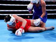 14 March 2025; Lisa O’Rourke of Ireland, left, in action against Natalya Bogdanova of Kazakhstan in their Elite Women 66-70kg light middleweight semi-final bout during the 2025 IBA Women's World Boxing Championships quarter-finals at the Cair Sports Center in Niš, Serbia. Photo by Nikola Krstic/Sportsfile
