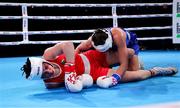 14 March 2025; Lisa O’Rourke of Ireland, left, in action against Natalya Bogdanova of Kazakhstan in their Elite Women 66-70kg light middleweight semi-final bout during the 2025 IBA Women's World Boxing Championships quarter-finals at the Cair Sports Center in Niš, Serbia. Photo by Nikola Krstic/Sportsfile