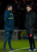 14 March 2025;  Cork City manager Tim Clancy, left, and Shelbourne manager Damien Duff in conversation before the SSE Airtricity Men's Premier Division match between Shelbourne and Cork City at Tolka Park in Dublin. Photo by Sam Barnes/Sportsfile