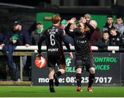 14 March 2025; Daryl Horgan of Dundalk, right, celebrates with teammate Aodh Dervin after scoring his side's first goal during the SSE Airtricity Men's First Division match between Bray Wanderers and Dundalk at Carlisle Grounds in Bray, Wicklow. Photo by Thomas Flinkow/Sportsfile