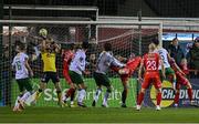 14 March 2025; Shelbourne goalkeeper Conor Kearns makes  a save from the header of Charlie Lyons of Cork City during the SSE Airtricity Men's Premier Division match between Shelbourne and Cork City at Tolka Park in Dublin. Photo by Sam Barnes/Sportsfile