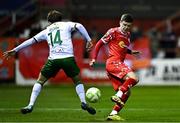 14 March 2025; Sean Gannon of Shelbourne in action against Kitt Nelson of Cork City during the SSE Airtricity Men's Premier Division match between Shelbourne and Cork City at Tolka Park in Dublin. Photo by Sam Barnes/Sportsfile