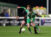 14 March 2025; Calum Costello of Bray Wanderers in action against Aodh Dervin of Dundalk during the SSE Airtricity Men's First Division match between Bray Wanderers and Dundalk at Carlisle Grounds in Bray, Wicklow. Photo by Thomas Flinkow/Sportsfile