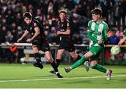 14 March 2025; Eoin Kenny of Dundalk shoots to score his side's third goal during the SSE Airtricity Men's First Division match between Bray Wanderers and Dundalk at Carlisle Grounds in Bray, Wicklow. Photo by Thomas Flinkow/Sportsfile
